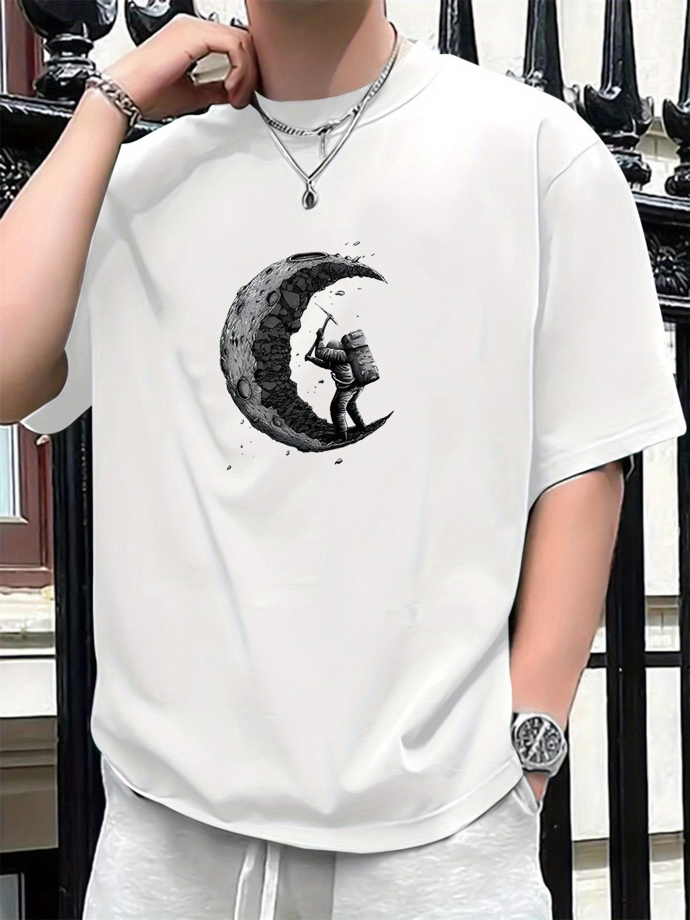 Summer men s 100% pure cotton astronaut moon graphic print fashionable casual loose sports round neck short sleeved T-shirt top S разноцветный