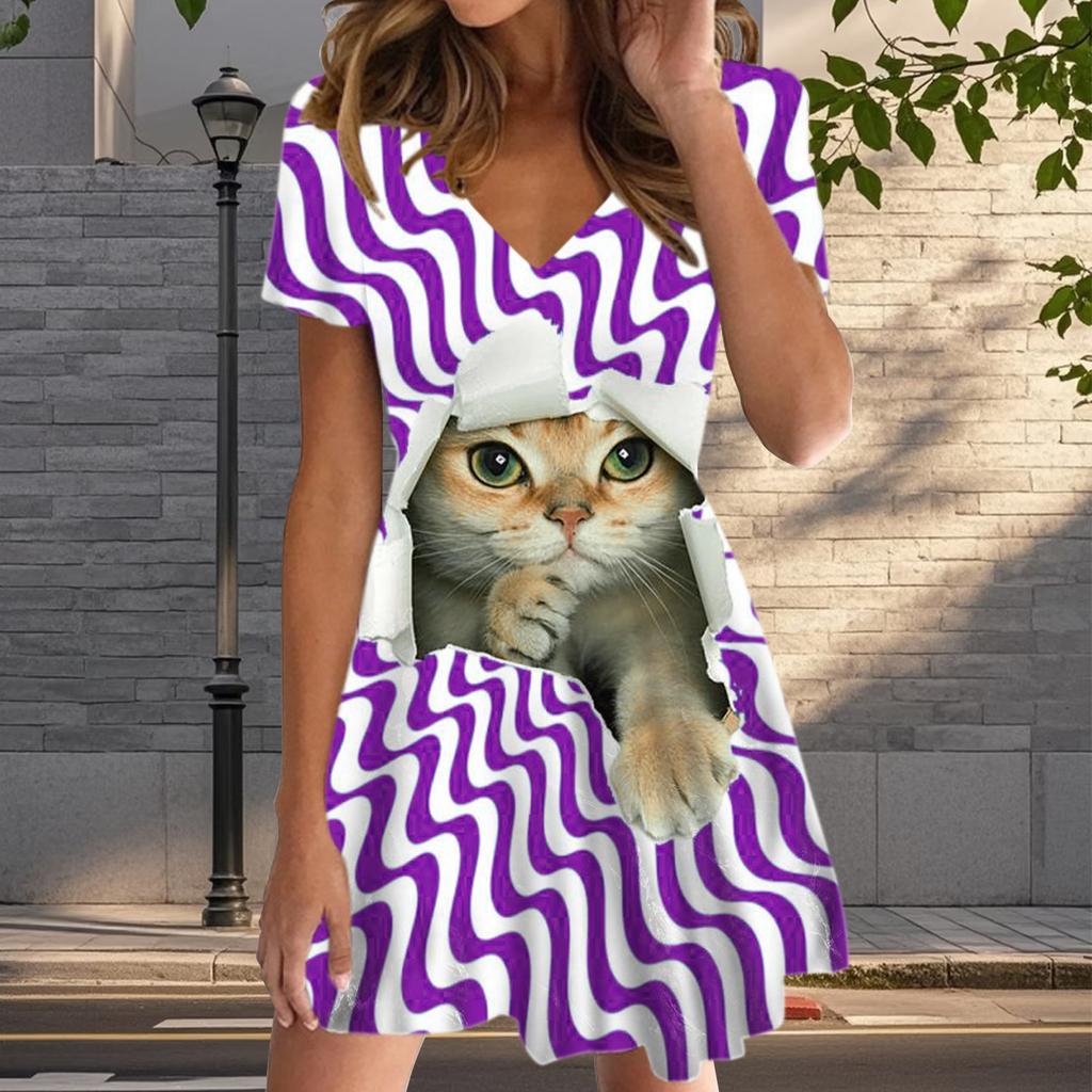 Summer Fashion Women's V Neck Short Sleeve Cute Cat Printed  Dress Sex Short Skirt Dresses
