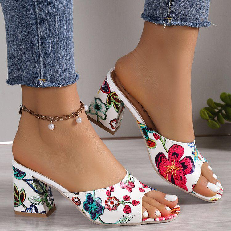 2024 European-American Style Women's Round Toe High Heel Slip-On Graffiti Sandals