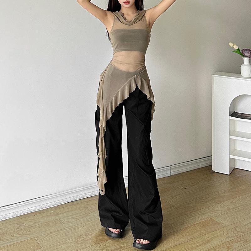 Neues, einfarbiges, schmal geschnittenes Street-Fashion-Oberteil mit Kapuze und ärmellosem Netzstoff für Damen