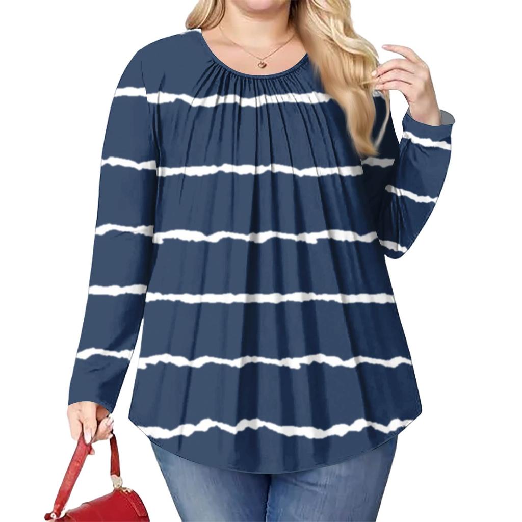 Women's Plus Size Fashion Printed Casual Pleated Round Neck Long Sleeve Top