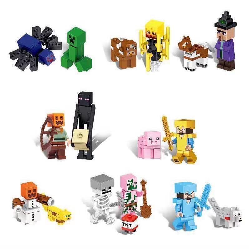 Compatible Lego My World Minifigures: Skeleton, Pig, Chicken, Redstone Golem, Zombie, Creeper Building Blocks Set