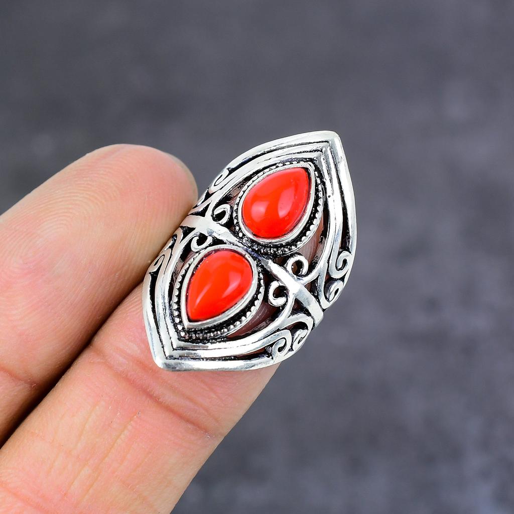 Red Coral Handmade 925 Sterling Silver Jewelry Ring Size 10 Gift For Her q0V16