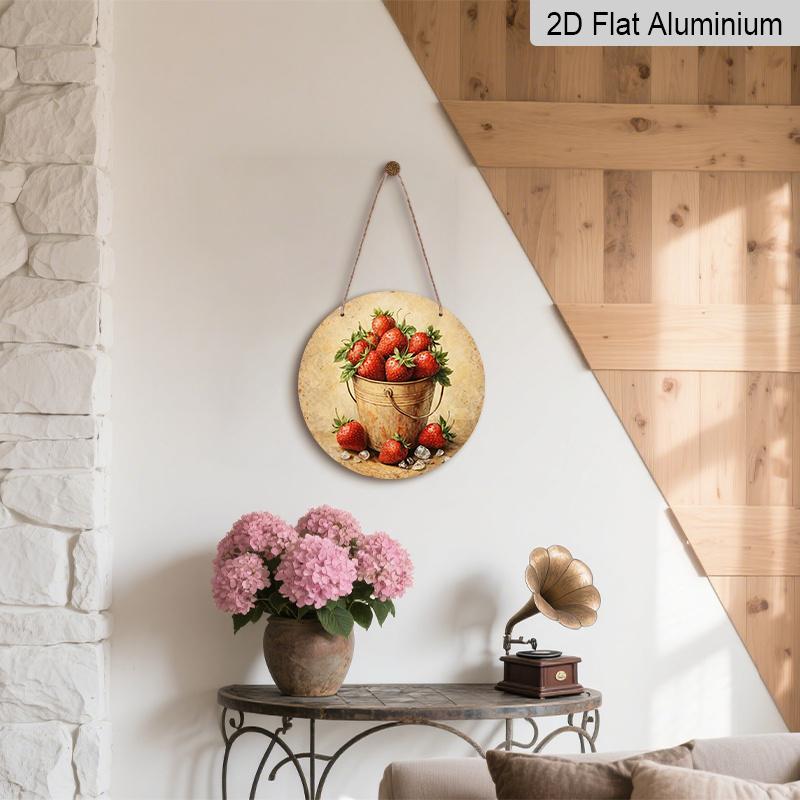 2D Flat Aluminum 7.87 Inch X 7.87 Inch Vintage Fresh Strawberry Pattern Wall Hanging, Country Style, Suitable for Dining Rooms, Gardens, Farmhouses