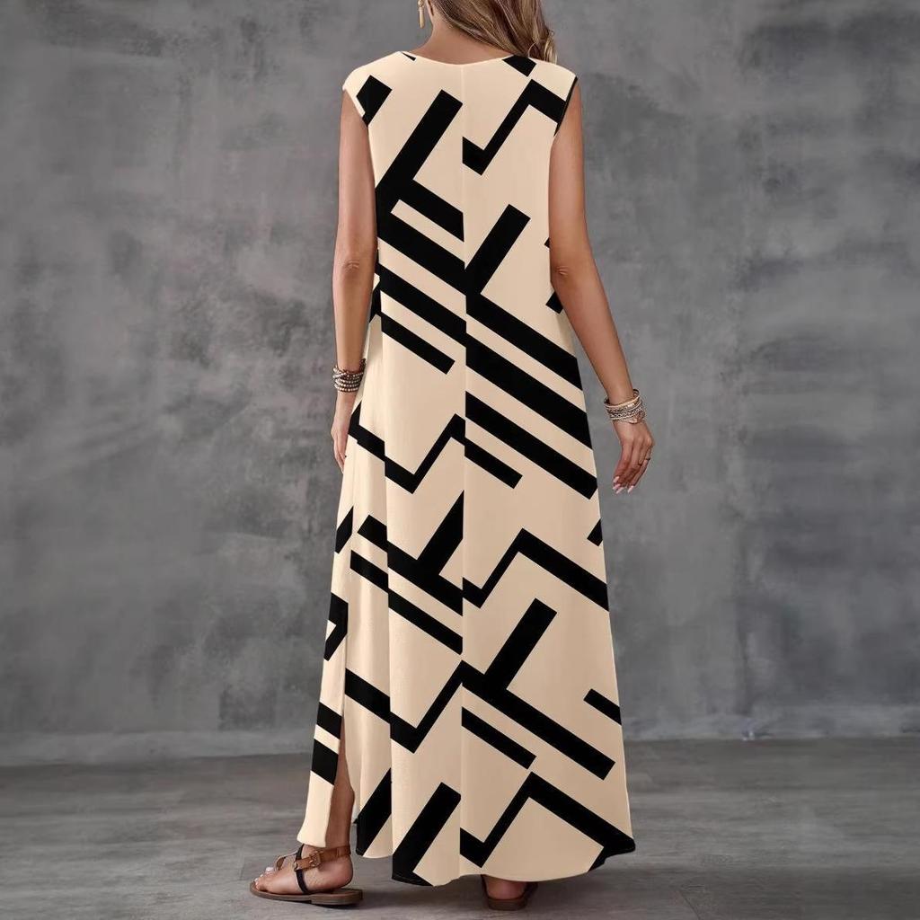 Summer 2026 European V-Neck Casual Women's Printed Long Dress