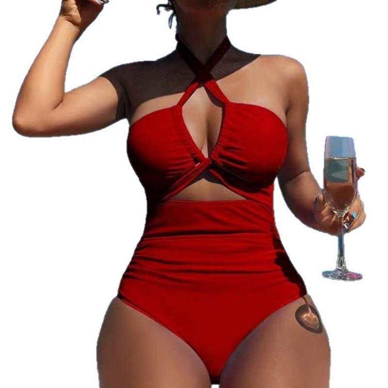 Damen Hohe Taille Einfarbige Rückenfreie Neckholder Einteiler Konservativer Sexy Badeanzug