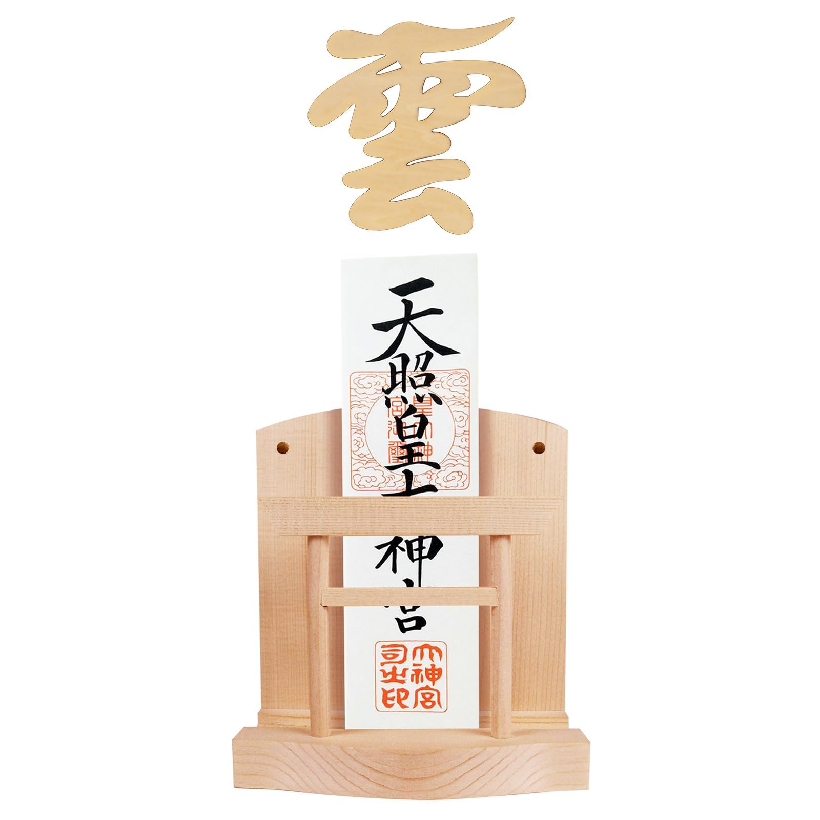 

Shinto Shrine Set [Torii Gate with Paper Amulet Stand + Cloud Board + Chrysanthemum Base + Double-Sided Tape] Made of White Pine, Wall-Mounted &