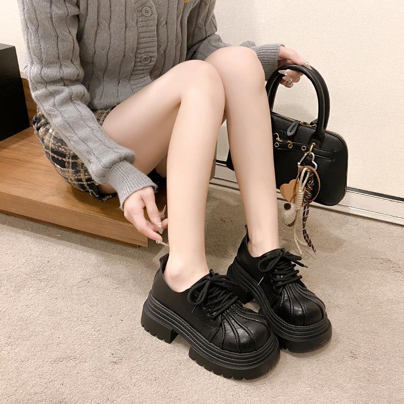 Thick-soled Round Head Small Leather Shoes Women's 2025 Spring New Small Height-increasing Women's Shoes Soft-soled Lightweight Muffin Loafers