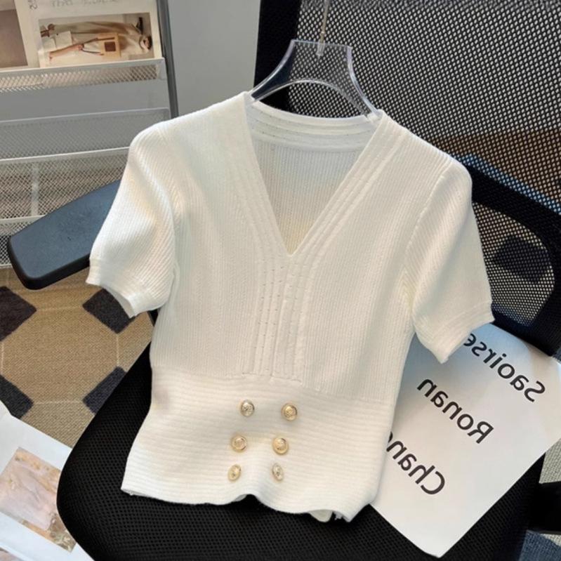 

2025 Summer Women s Slimming V-Neck Knit Top: Chic, Short-Sleeve, Versatile, Age-Reducing Style One Size [High Quality]