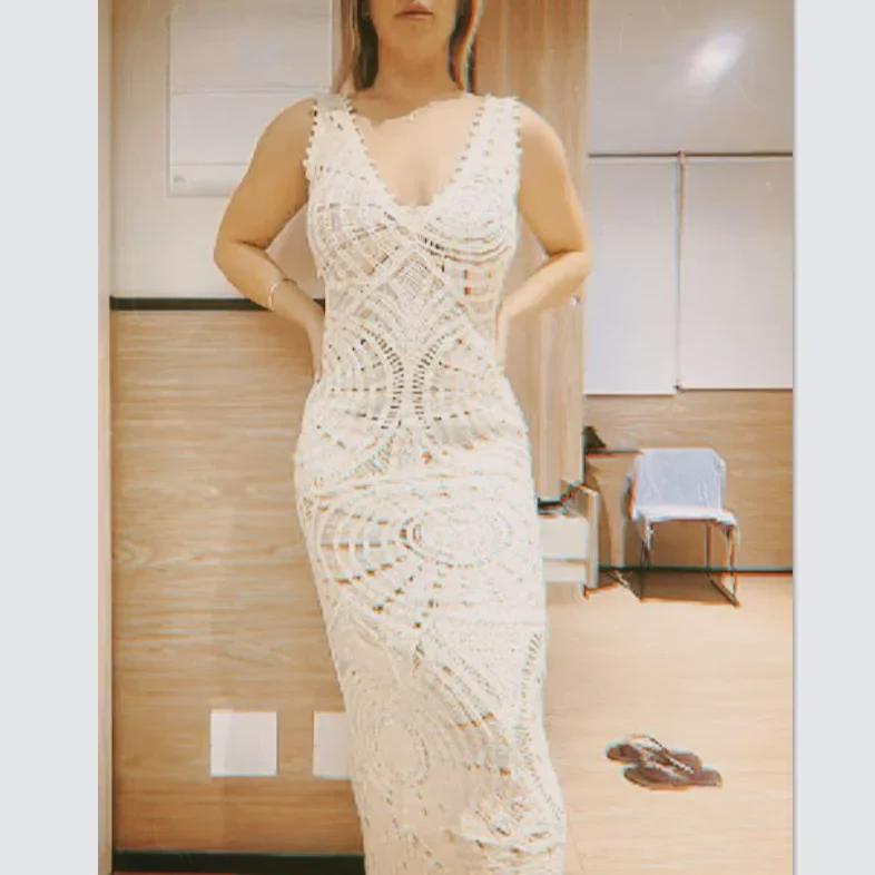 2023 Damska Dzianinowa Sukienka Plażowa z Dekoltem V - Średniej Długości, Styl z Niskim Dekoltem