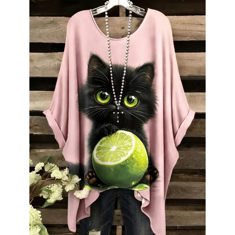 Elegant bohemian resort style large size simple lemon cat pattern print irregular hem round neck T-shirt