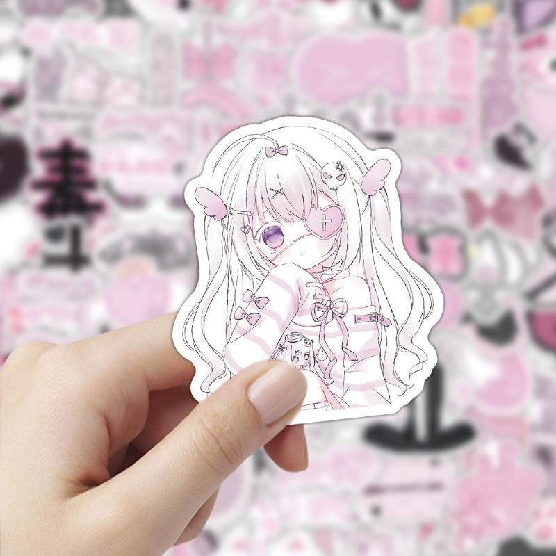 100 Sheets/set Black Pink Retro Japanese Stickers Cute Cartoon Aesthetic DIY Decals for Phone Laptop  Vintage Scrapbook Supplies