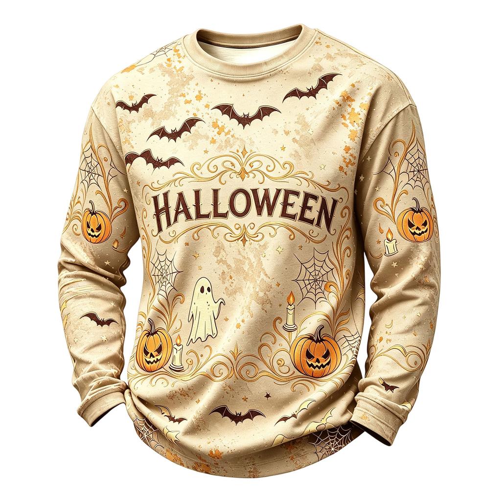 Men's Casual Knit Neck Long Sleeve Top with Halloween Print