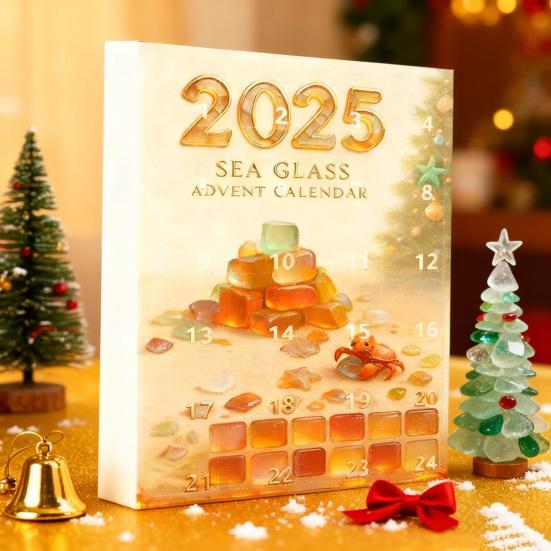 Adventní kalendář Vánoční strom z mořského skla 2025 24 dní Odpočítávání svátků s mini ozdobami z mořského skla Dekorace vánočního stromku s oceánskou tématikou