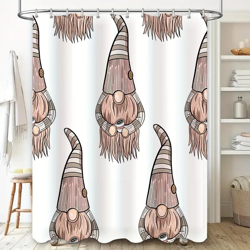 Gnome Shower Curtain Cartoon Nordic Style Gnomes Print Bath Decor For Kids Bathroom, 3D Waterproof Fabric Liner In White