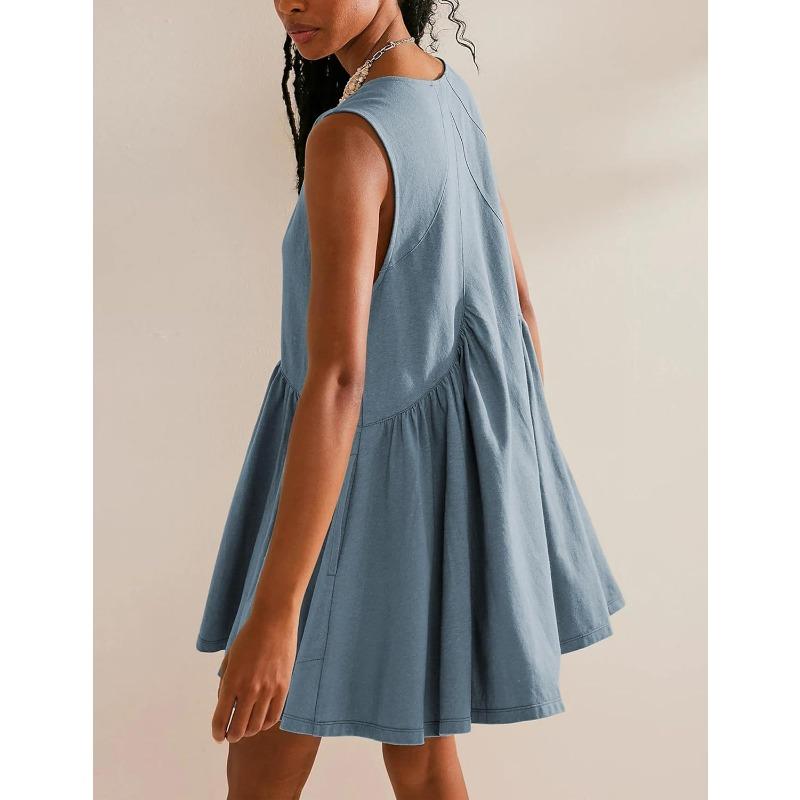 Moda de mujer Verano Primavera Color sólido Estampado Sin mangas Con cuello en V Cintura suelta Vestidos casuales