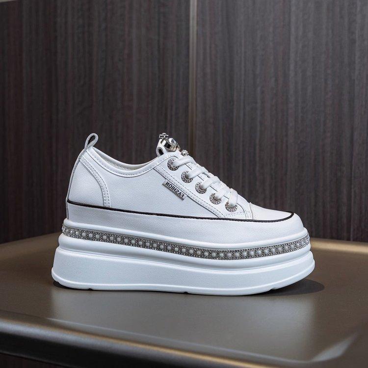 Women's Spring Fall White Sneakers Thick Bottom Muffin Inner Height Increase Rhinestone Decor Casual Sports Shoes