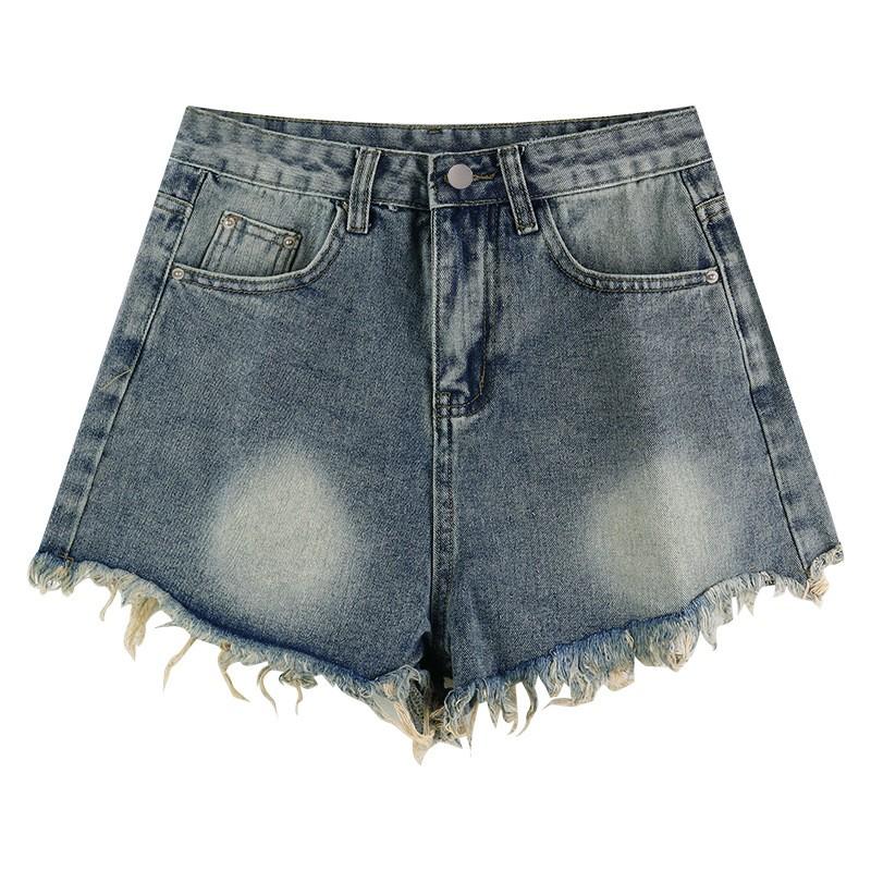 Retro Fringed Denim Shorts For Women, High Waist Slimming Straight Leg Wide Leg Shorts