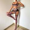 CINOON Damen Sexy Leopard Print Push-Up BH-Set Doppel-Schulterträger Spitze Einsätze Dessous-Outfit Mit Oberschenkelhohen Strümpfen