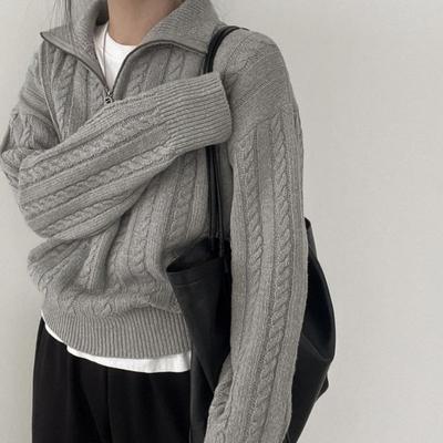 Vintage Dough Twists Pullover Knitwear Women's Autumn Winter Sweaters Korean Zipper Casual Long Sleeve Pullover Top Women