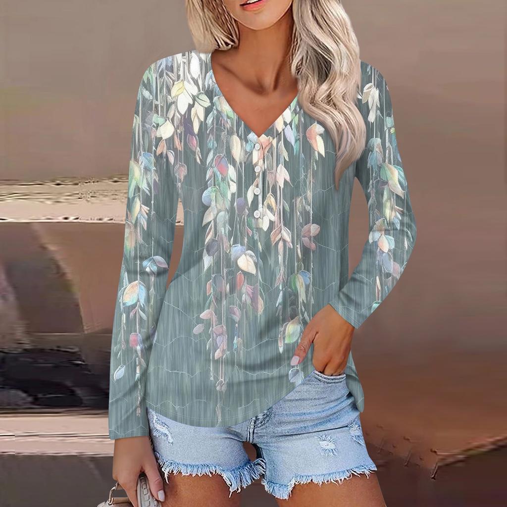 Dámská móda ležérní top s květinovým potiskem s dlouhým rukávem a výstřihem do V