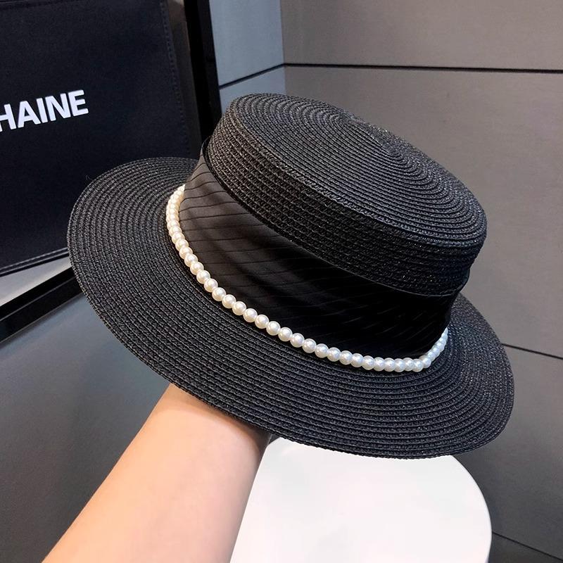 Hat women 2025 new summer retro fashion pearl straw top hat travel seaside flat top celebrity style straw hat