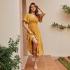 Vestido Largo Maxi de Verano para Mujer, Manga Corta, Fruncido, Cuadrado, Línea A, Fluido
