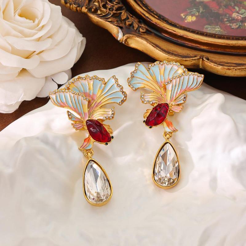 Qingdao Medieval Vintage Color Enamel National Style Boutique Goldfish Brooch Earrings Set