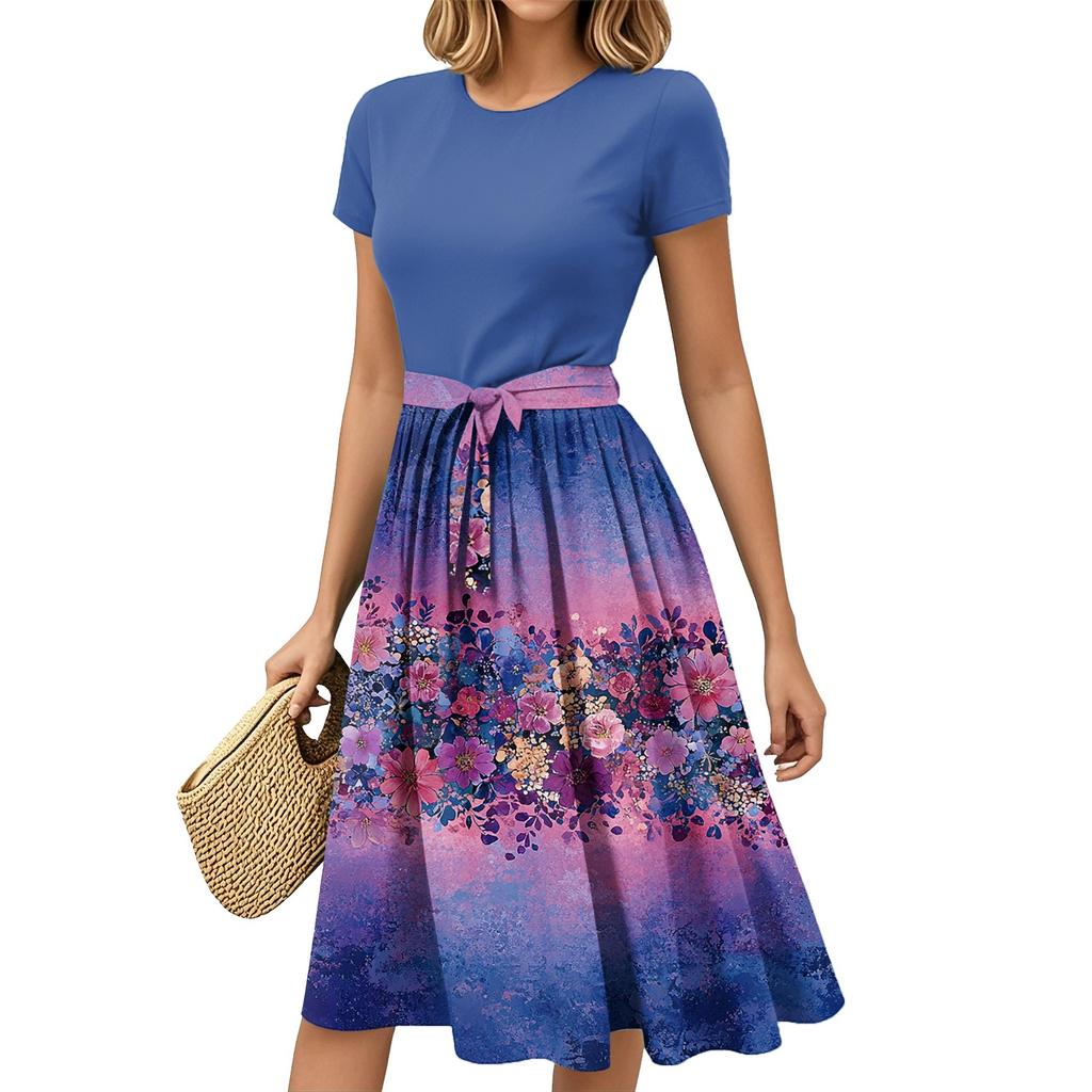 Dámská móda Ležérní pásek Krátký rukáv Kulatý výstřih Geometrický potisk Prošívaný Elegantní temperament Šaty