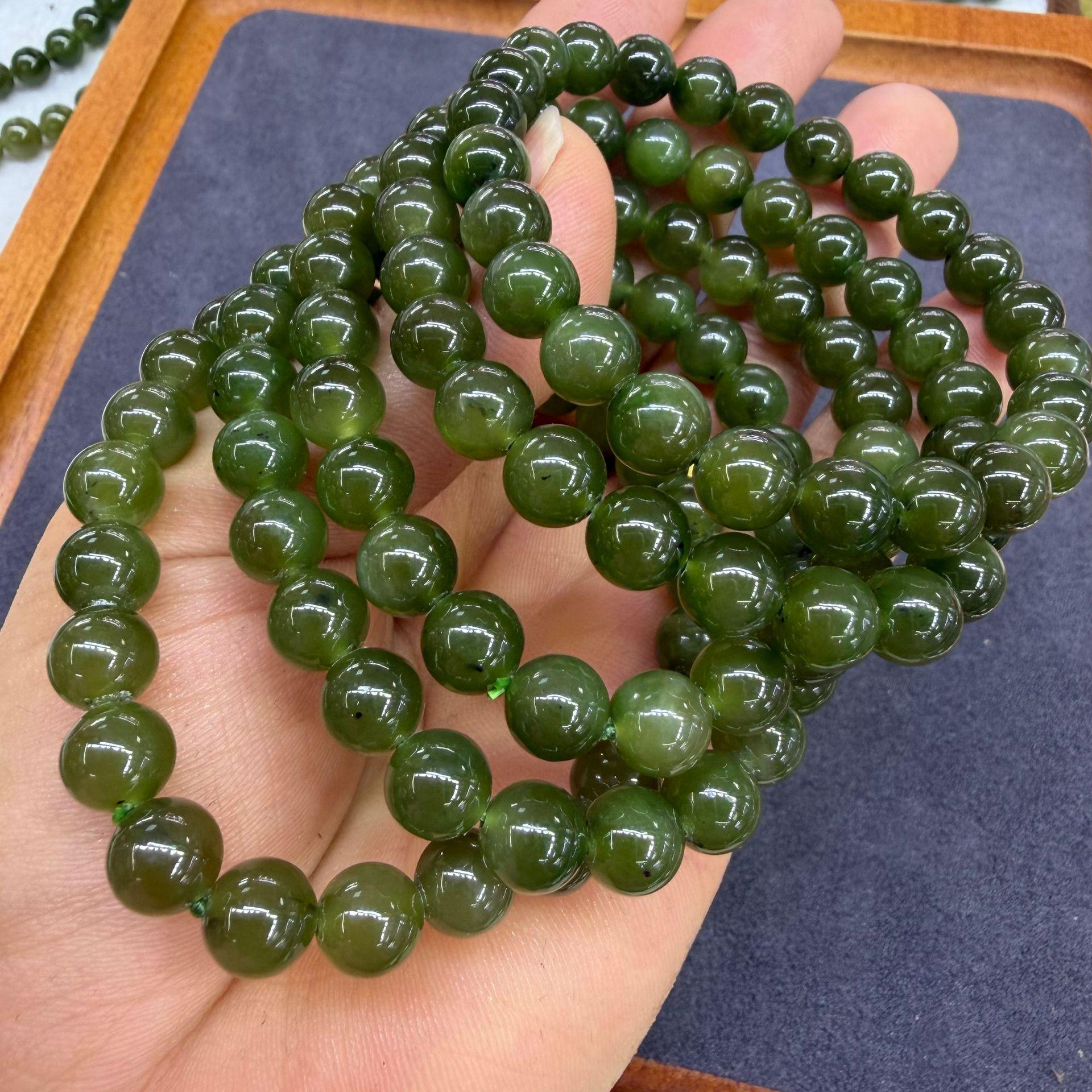 Hotan Jade 8mm Round Bead Bracelet - Spinach Green with Black Spots, Single Strand