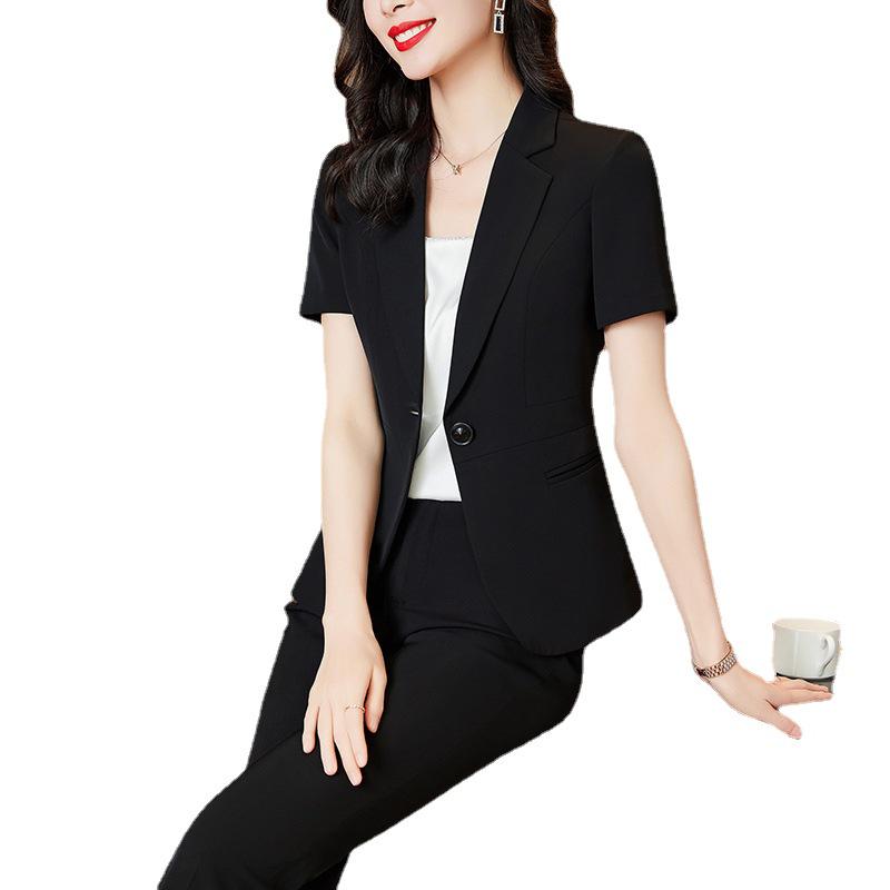 Women's Thin Black Blazer with Short Sleeves - Summer Professional Suit Set for Formal Work