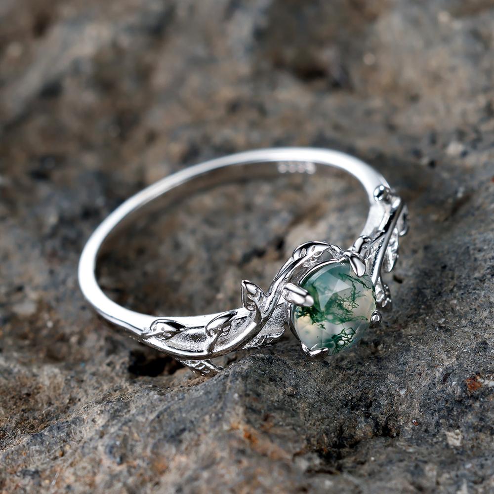 925 Sterling Silver Green Moss Agate Promise Rings for Women Elegant Leaf Shape Ring Unique Wedding Jewelry Gift