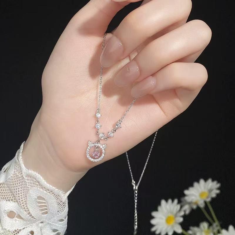 Pink Star Cat Necklace for Women: Nickel Silver with Gold Plating and Diamond Inlaid Pendant, Sweet Style High-Value Jewelry