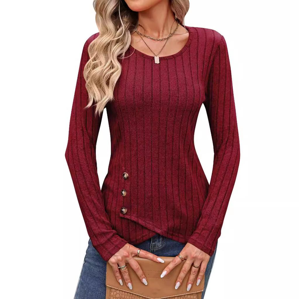 Women's Autumn and Winter Waist Cinched Round Neck Tight Long Sleeved Top