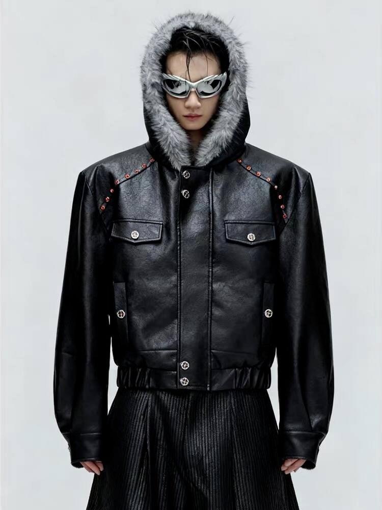 Men's Goshawk Plus Velvet Hooded Jacket - Thickened Leather, Big Fur Collar, Winter Cotton Coat