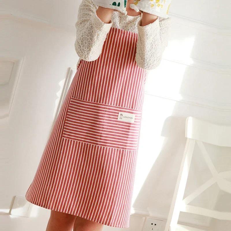 Cotton Linen Apron with Pockets Fashion Striped Adjustable Kitchen Apron for Cooking & Restaurant Work Unisex Home Cleaning Wear One size красный