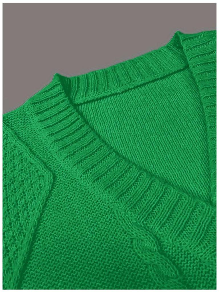 Women's European and American Casual V-Neck Cable Knit Sweater Coat - Solid Color, Autumn/Winter Pullover.