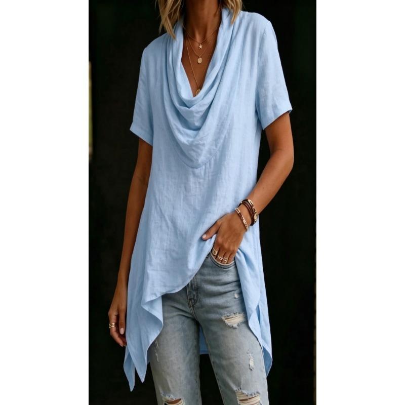 Women Casual Loose Cowl Neck Short Sleeve Asymmetric Hem Solid Blouse