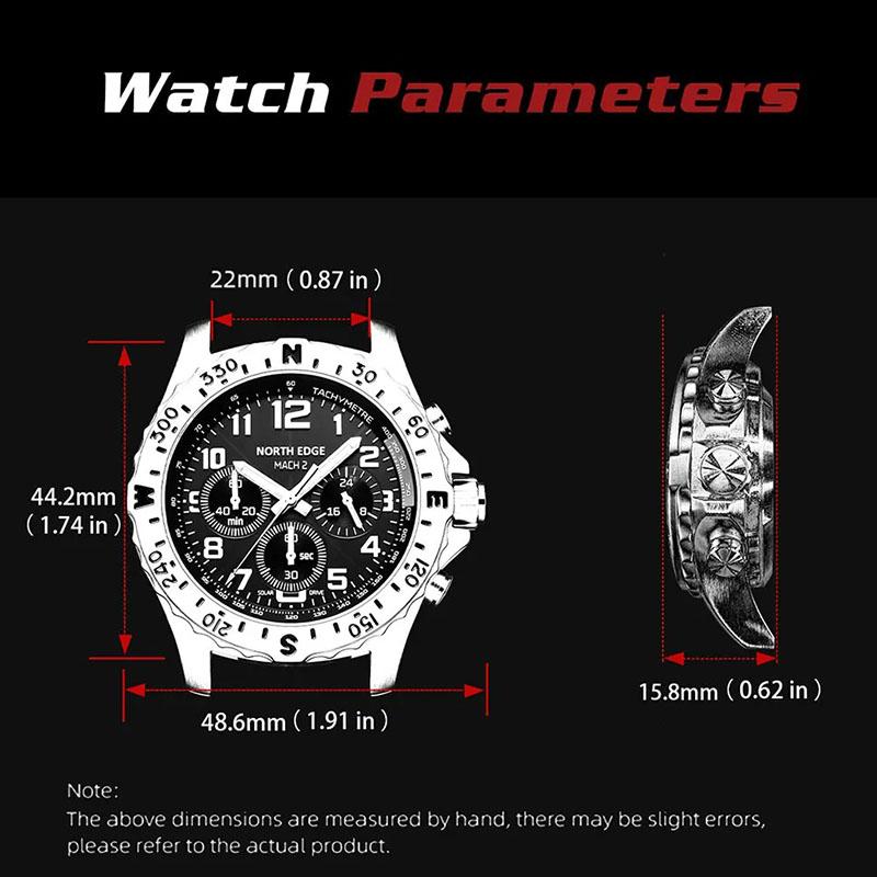 NORTH EDGE MACH 2 Men's Watches Solar Power 316 Stainless Steel Case Quartz Watch For Men Pilot Waterproof 50M Stopwatch