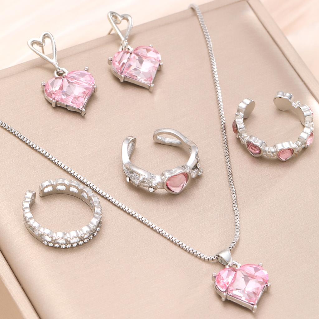 New Pink Crystal Heart Jewelry Set for Women Simple Y2K Zircon Love Elegant Pendant Necklaces Ring Drop Earring Girls Gifts 2026