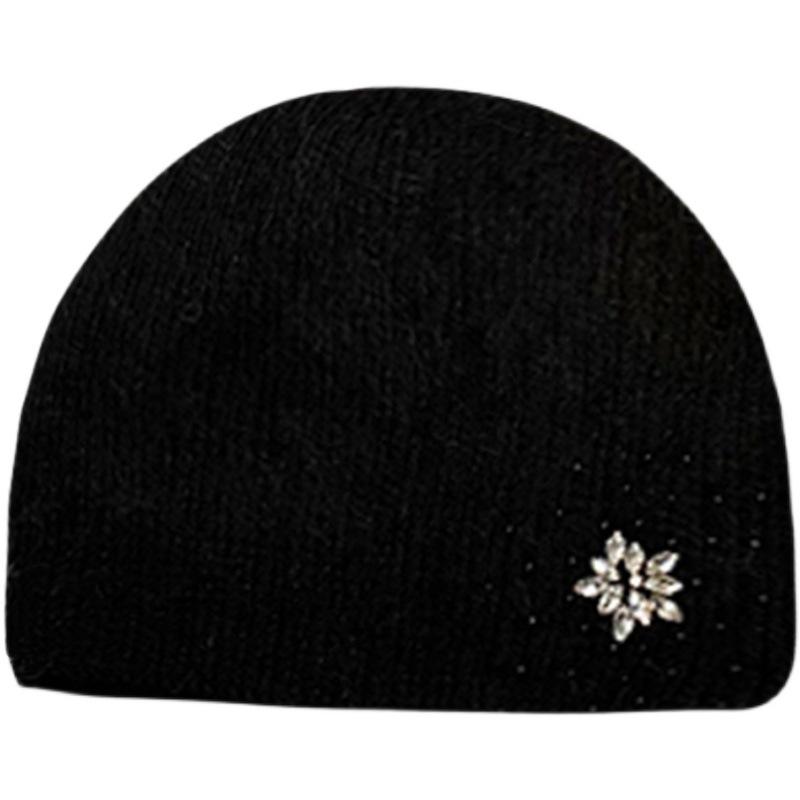 Chapeau tricoté en fourrure de lapin pour femme, mode automne et hiver, chapeau chaud épais, chapeau en laine polyvalent avec strass, protège-oreilles, chapeau de tête