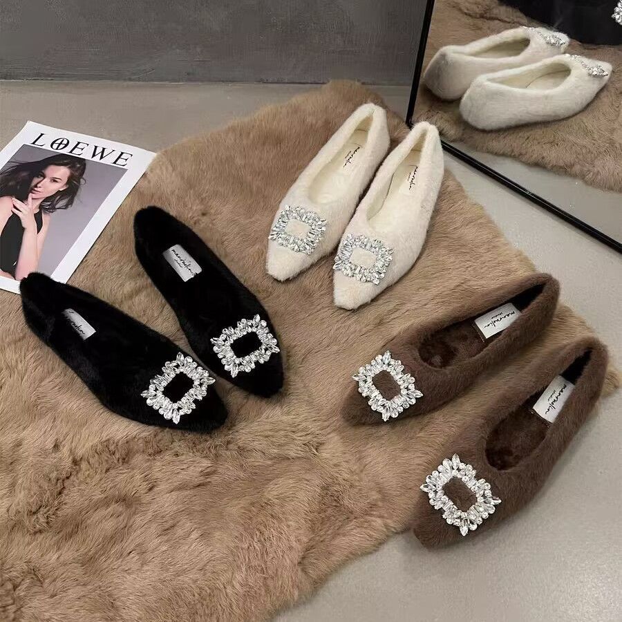 Women's flat-soled single shoes, Doudou velvet outer wear Korean version of fluffy shoes, women's pointed cotton shoes