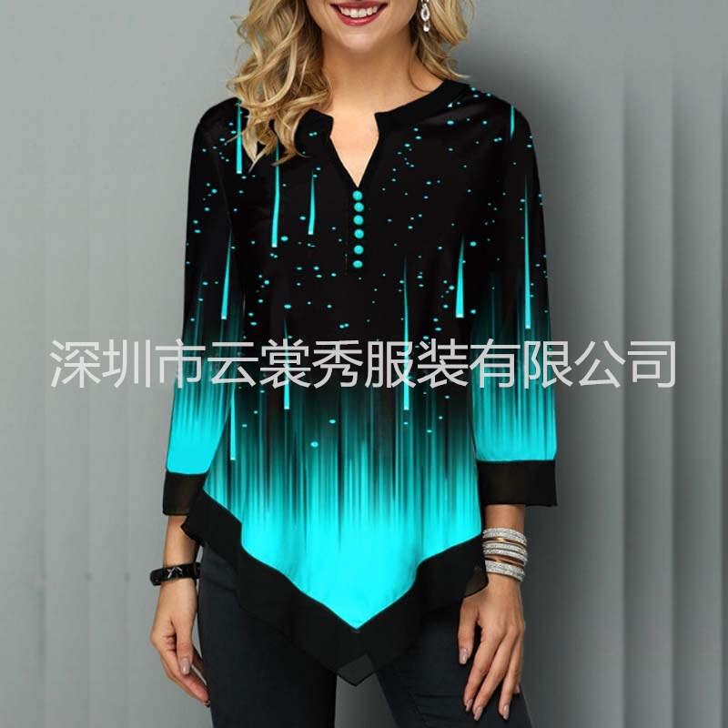 Printed Street Trendy V-neck Irregular Hem Loose T-shirt