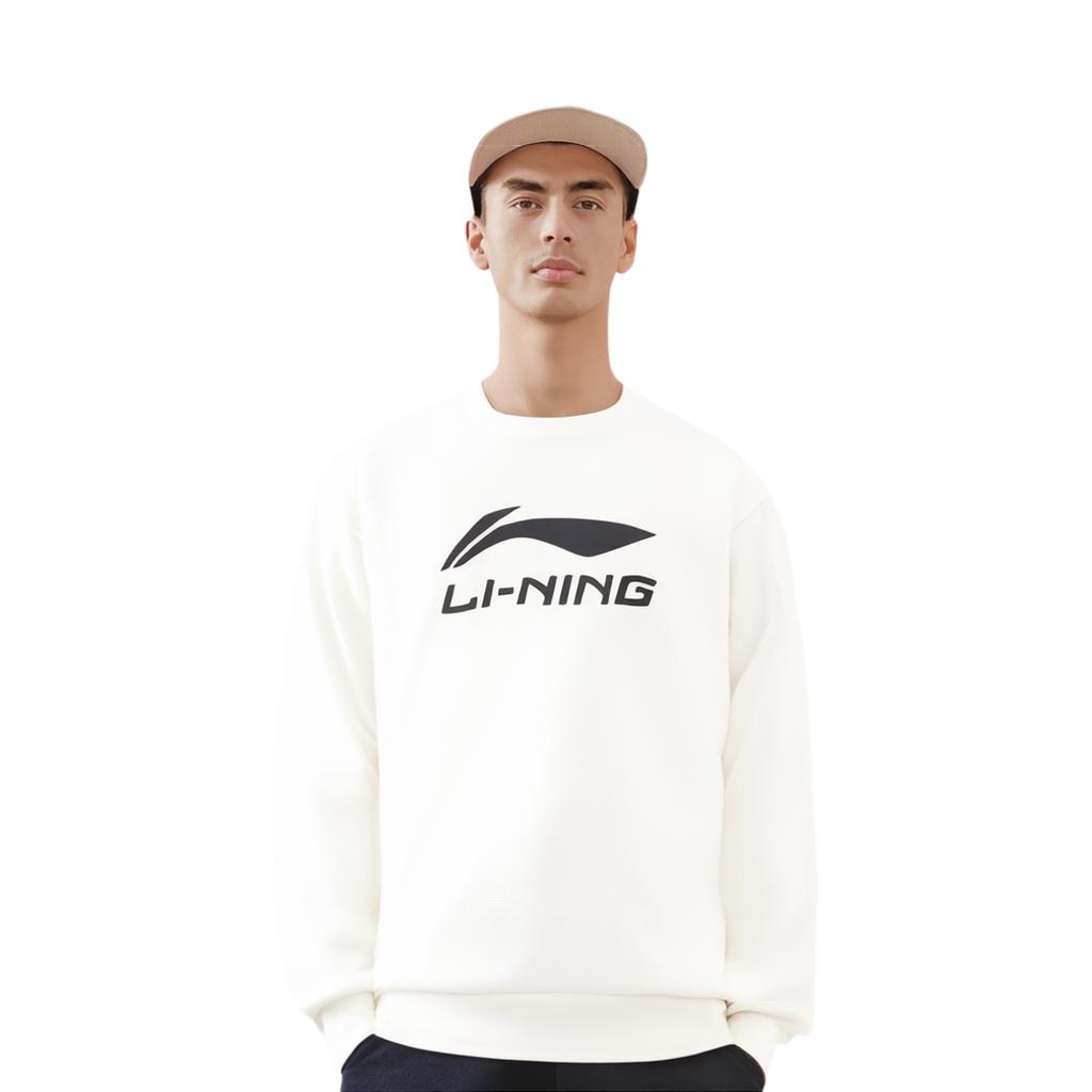 Li Ning Sports Trend Series Casual Minimalist Solid Color Round Neck Pullover Loose Sweatshirt Men sweatshirt Off-White AWDV243-1