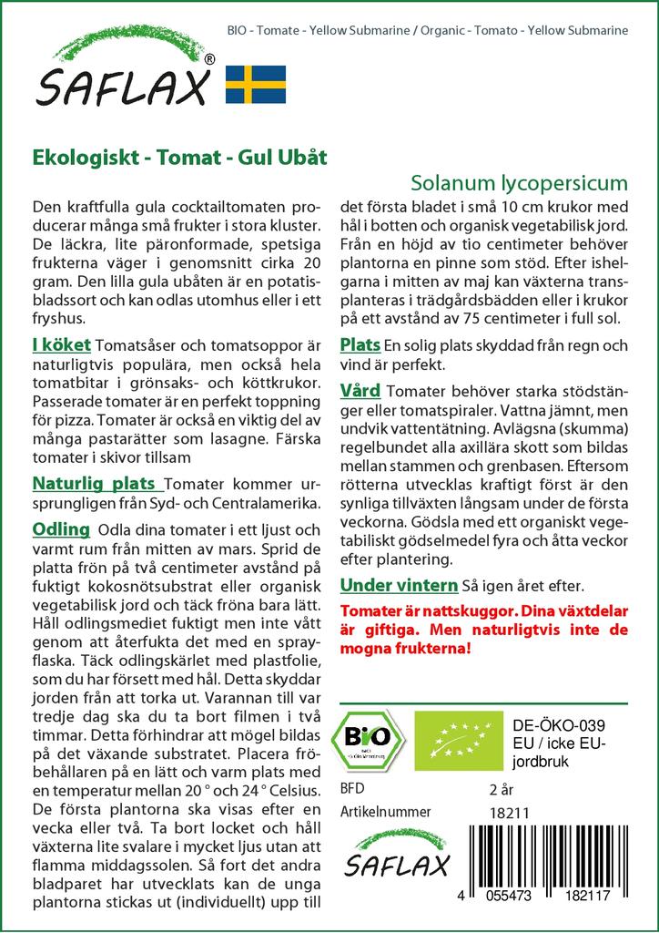 SAFLAX Garden In the Bag - Organic - Tomato - Yellow Submarine - 10 Seeds - With Substrate In a Fitting Stand Up Bag - Solanum Lycopersicum