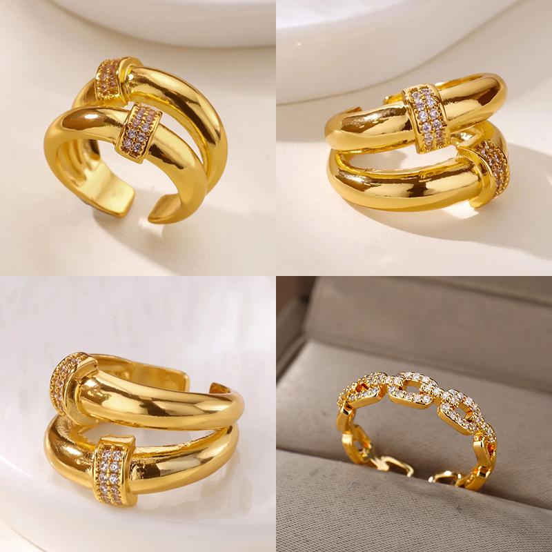 Zircon Double Round Rings For Women Gold Stainless Steel Geometric Adjustable Finger Rings Wedding Couple Jewelry Gifts