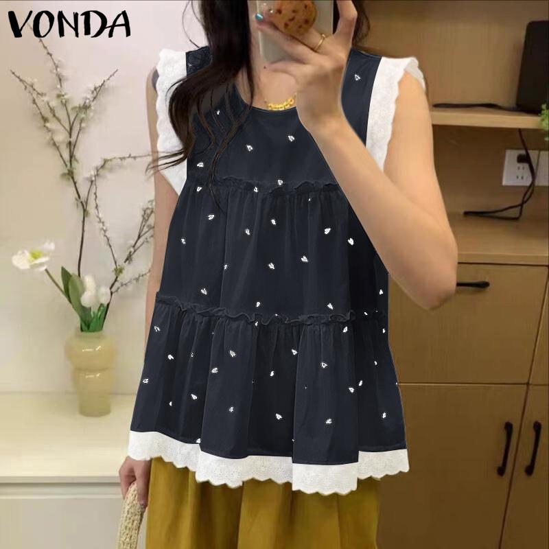 

VONDA Women Casual Sleeveless Crochet Patchwork Print Ruffled Tank Tops M білий
