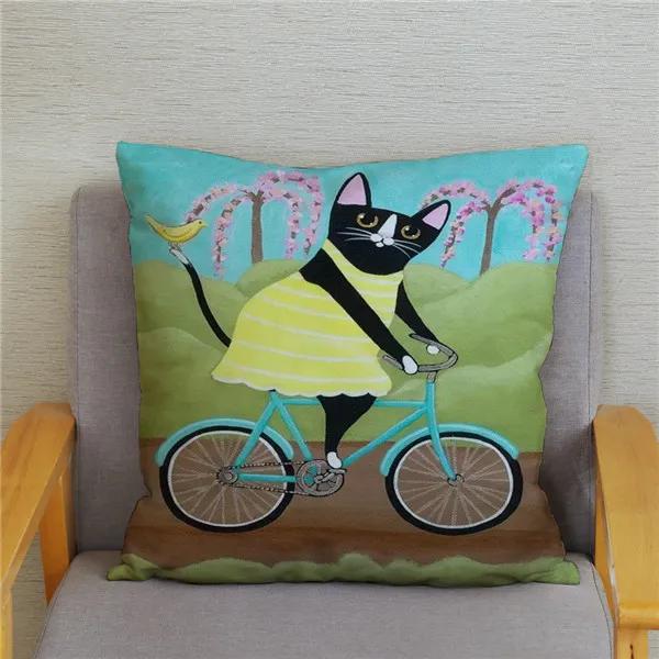 Cartoon Cycling Cat Print Cushion Cover Super Soft Pillowcase 45x45  Home Decor