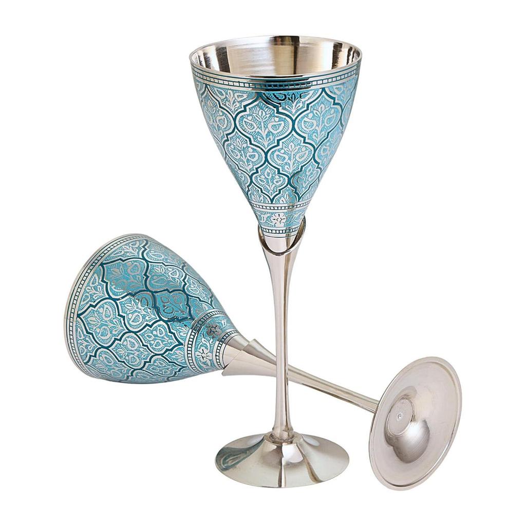 Blue Wine Glasses, Metal Brass Goblet, Champagne Flutes, Diwali, Wedding Gift for Couple Marriage, Corporate Clients - Set of 2, 200 ML