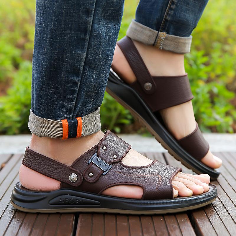 Pierwsza warstwa skóry bydlęcej męskie sandały letnie z podeszwą ze ścięgien wołowych set tower buty plażowe casualowe dwufunkcyjne zielone sandały